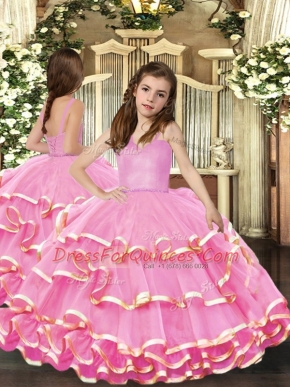 Pink Ball Gowns Beading and Ruffled Layers Child Pageant Dress Lace Up Organza Sleeveless Floor Length