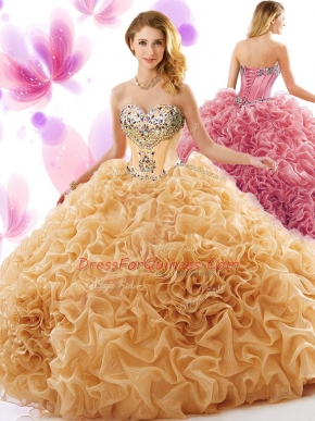 Sweetheart Sleeveless Organza Quince Ball Gowns Beading and Ruffles Court Train Lace Up