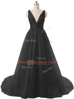 Black Backless Prom Dress Ruching Sleeveless Sweep Train