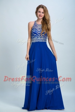 Chiffon Scoop Sleeveless Criss Cross Beading Prom Party Dress in Royal Blue