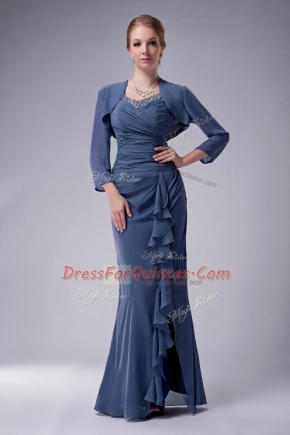 Sleeveless Chiffon Floor Length Zipper in Blue with Beading