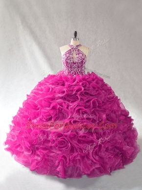 Classical Sleeveless Beading and Ruffles Lace Up Quinceanera Gowns with Fuchsia Brush Train