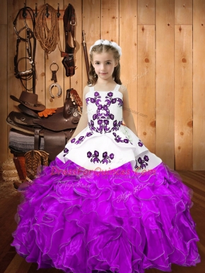Floor Length Lace Up Kids Pageant Dress Eggplant Purple for Sweet 16 and Quinceanera with Embroidery and Ruffles