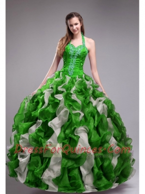 Halter Top Orangza Applqiues and Ruffles Ball Gown Dress in Green and White