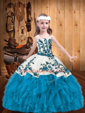 Enchanting Straps Sleeveless Organza Pageant Gowns For Girls Embroidery and Ruffles Lace Up