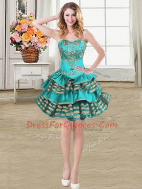 Attractive Teal Sweetheart Neckline Embroidery and Ruffled Layers Evening Dress Sleeveless Lace Up