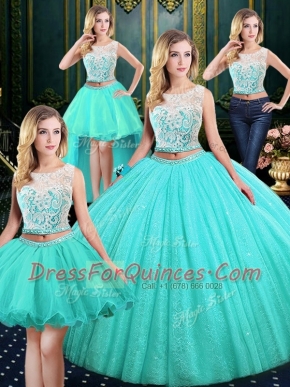 Stylish Four Piece Blue Ball Gown Prom Dress Military Ball and Sweet 16 and Quinceanera and For with Lace and Sequins Scoop Sleeveless Lace Up