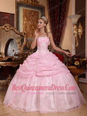 Baby Pink Ball Gown Strapless Floor-length Organza Appliques Sweet 16 Dress