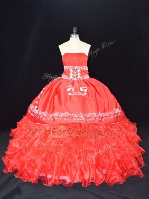 Sumptuous Sleeveless Organza Floor Length Lace Up Sweet 16 Dresses in Red with Embroidery and Ruffles
