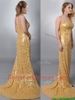 Luxurious Column Strapless Sequined Gold Prom Dress with Brush Train