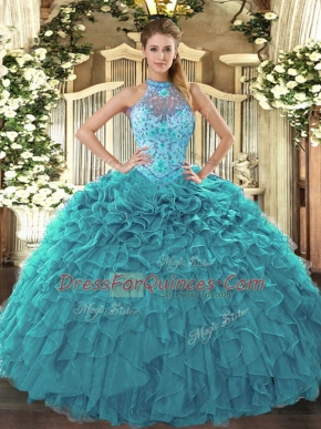 Teal Quinceanera Dresses Sweet 16 and Quinceanera with Beading and Embroidery and Ruffles Halter Top Sleeveless Lace Up