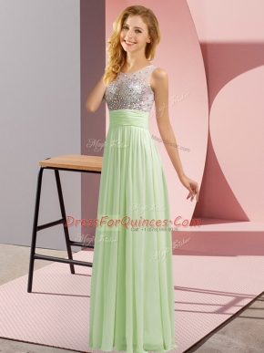 Yellow Green Chiffon Side Zipper Scoop Sleeveless Floor Length Vestidos de Damas Beading