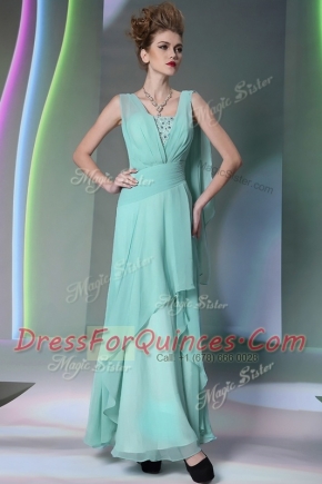 Turquoise Empire Square Sleeveless Chiffon Floor Length Side Zipper Sequins and Ruching Prom Dress