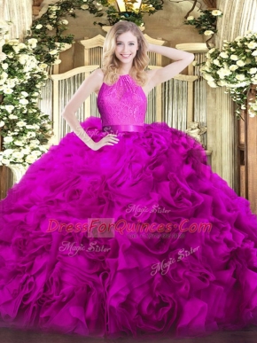 Beauteous Fuchsia Sweet 16 Dresses Military Ball and Sweet 16 and Quinceanera with Lace Scoop Sleeveless Zipper