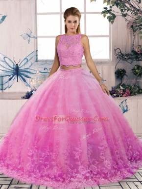 Best Rose Pink Two Pieces Lace Ball Gown Prom Dress Backless Tulle Sleeveless
