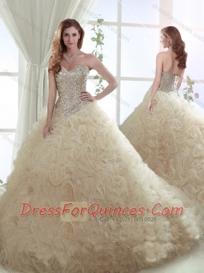 Beautiful Beaded Bodice and Ruffled Brush Train Quinceanera Dress in Champagne