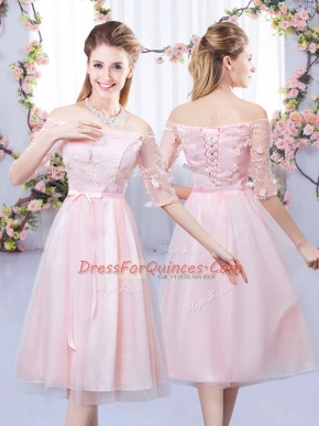 Baby Pink Off The Shoulder Neckline Lace and Belt Quinceanera Dama Dress Half Sleeves Lace Up