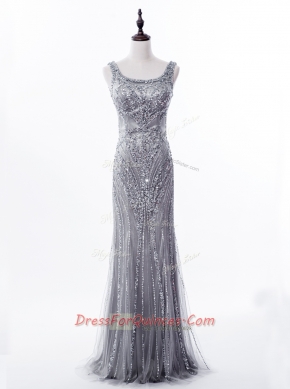 Affordable Mermaid Sequins Square Sleeveless Brush Train Zipper Evening Dress Grey Satin and Tulle