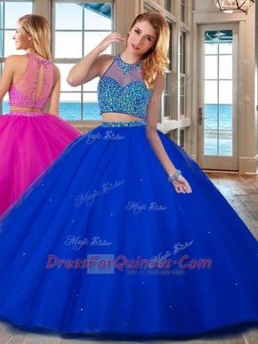 Adorable Royal Blue High-neck Neckline Beading Sweet 16 Quinceanera Dress Sleeveless Lace Up