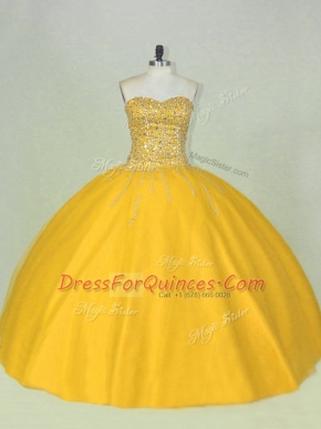 Scoop Sleeveless Lace Up Vestidos de Quinceanera Gold Tulle