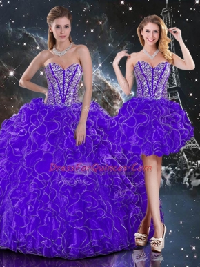 Admirable Purple Sleeveless Organza Lace Up Vestidos de Quinceanera for Military Ball and Sweet 16 and Quinceanera