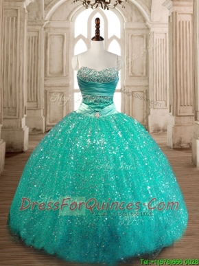 Perfect Really Puffy Sequined Quinceanera Gown in Turquoise