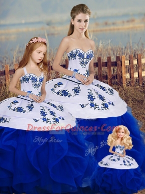 Floor Length Lace Up Quinceanera Dress Royal Blue for Military Ball and Sweet 16 and Quinceanera with Embroidery and Ruffles and Bowknot