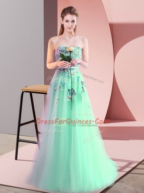 Sexy Floor Length Apple Green Prom Evening Gown Tulle Sleeveless Appliques