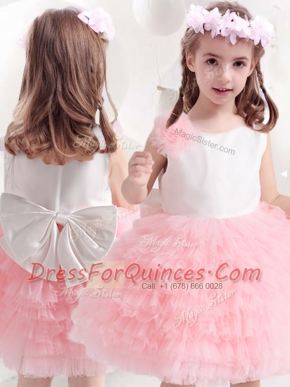 Scoop Pink And White Ball Gowns Ruffled Layers and Bowknot and Hand Made Flower Flower Girl Dresses for Less Side Zipper Tulle Sleeveless Knee Length