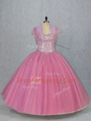 Ideal Sweetheart Sleeveless Sweet 16 Quinceanera Dress Floor Length Beading Pink Tulle
