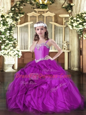 Fuchsia Lace Up Pageant Dress Wholesale Beading and Ruffles Sleeveless Floor Length