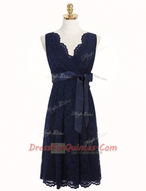 Modest Navy Blue A-line V-neck Sleeveless Lace Knee Length Zipper Sashes ribbons and Bowknot Prom Party Dress