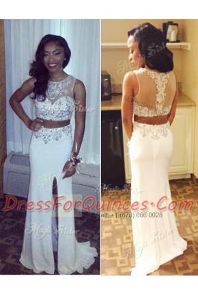 White Zipper Scoop Beading and Appliques Homecoming Dress Chiffon Sleeveless Sweep Train