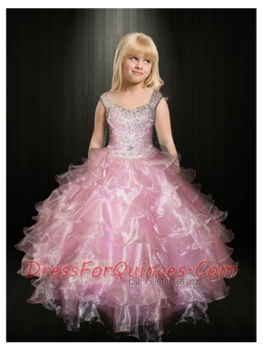 Pretty Straps Pink Beading Floor-length Little GirlPageant Dress