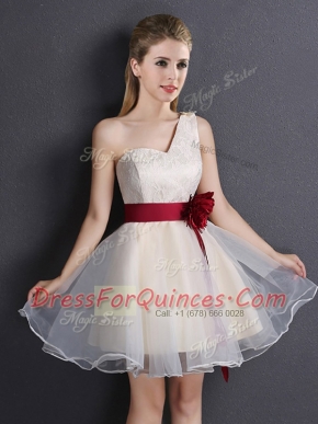 One Shoulder Champagne Lace Up Dama Dress for Quinceanera Lace and Hand Made Flower Sleeveless Mini Length