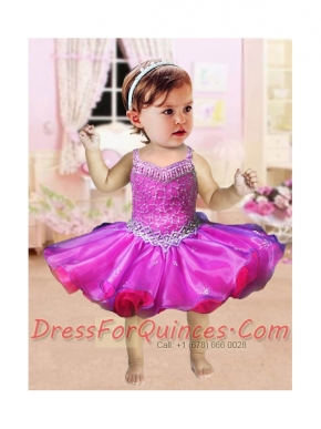 Short Beading and Ruffles Straps 2014 Little Girl Dress in Fuchsia