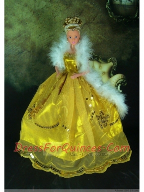 Luxurious Appliques Yellow Strapless Party Clothes Fashion Dress for Noble Barbie
