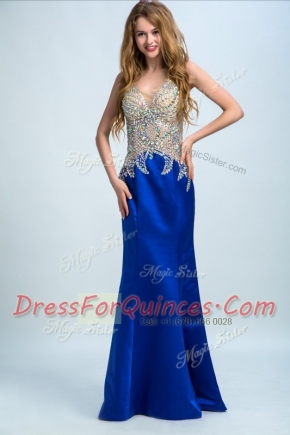 Suitable Chiffon V-neck Sleeveless Backless Beading Prom Evening Gown in Royal Blue