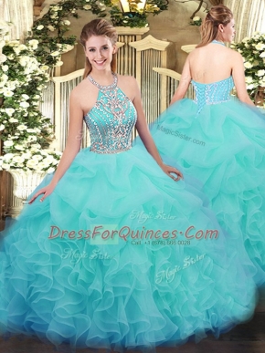Latest Halter Top Sleeveless Tulle Vestidos de Quinceanera Ruffles Lace Up