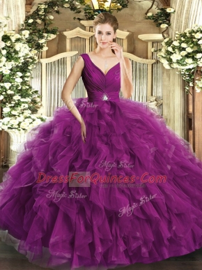Fuchsia Backless Ball Gown Prom Dress Beading Sleeveless Floor Length
