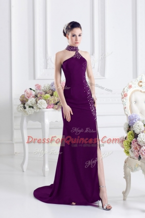 Pretty Dark Purple Column/Sheath Halter Top Sleeveless Elastic Woven Satin Sweep Train Zipper Beading Prom Party Dress