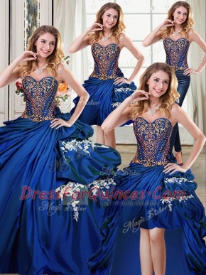 Lovely Four Piece Royal Blue Ball Gowns Taffeta Sweetheart Sleeveless Beading and Appliques and Pick Ups Floor Length Lace Up 15 Quinceanera Dress