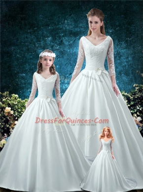 White Ball Gowns V-neck 3 4 Length Sleeve Satin Chapel Train Lace Up Lace and Belt Sweet 16 Dress
