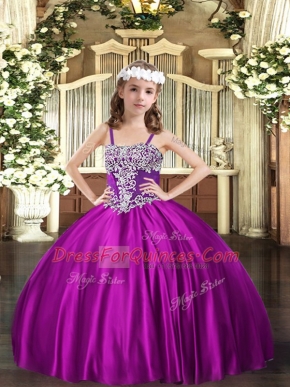 Fuchsia Little Girls Pageant Dress Party and Quinceanera with Appliques Straps Sleeveless Lace Up