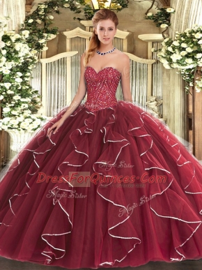 Customized Tulle Sweetheart Sleeveless Lace Up Beading and Ruffles Sweet 16 Dress in Burgundy