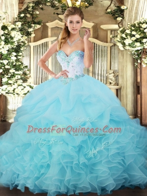 Aqua Blue Vestidos de Quinceanera Military Ball and Sweet 16 and Quinceanera with Beading and Ruffles and Pick Ups Sweetheart Sleeveless Lace Up