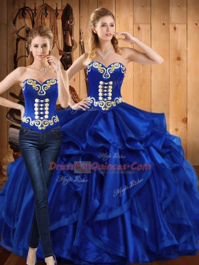 Royal Blue Organza Lace Up Sweetheart Sleeveless Floor Length Quinceanera Dresses Embroidery and Ruffles