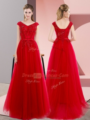 On Sale Sweep Train A-line Prom Gown Red V-neck Tulle Short Sleeves Floor Length Lace Up