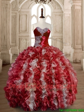 Latest Beaded Wine Red and White Sweet 15 Dress in Organza