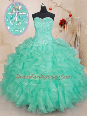 Apple Green Organza Lace Up Sweetheart Sleeveless Floor Length Quinceanera Dress Beading and Ruffles